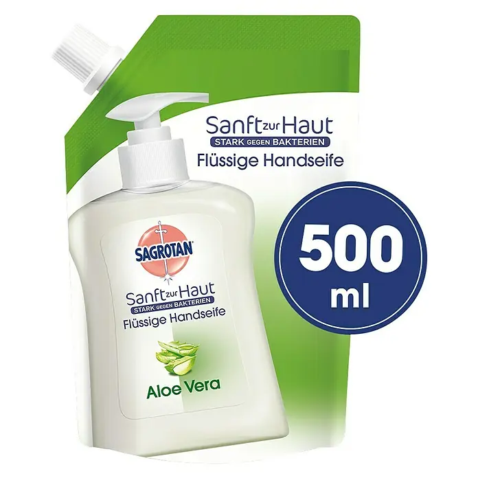 Sagrotan Flüssigseife Nachfüller - Aloe Vera, 500 ml - Sagrotan Flüssigseife Aloe Vera: Sanft zur Haut, stark gegen Bakterien. Spendet Feuchtigkeit und reinigt die Hände. Praktische 500ml Nachfüllpackung.