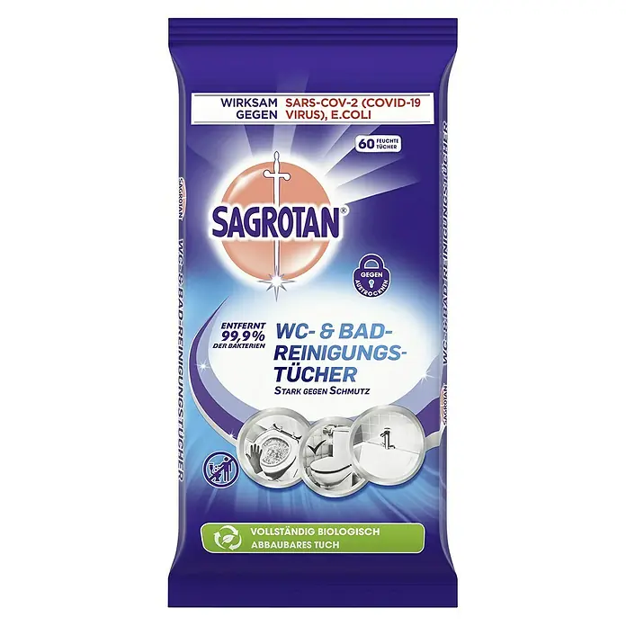 Sagrotan Feuchte Reinigungstücher WC & Bad - 60 Stk. - Bild einer Packung Sagrotan WC- & Bad-Reinigungstücher, die wirksam gegen SARS-CoV-2 sind und 60 feuchte Tücher enthält.
