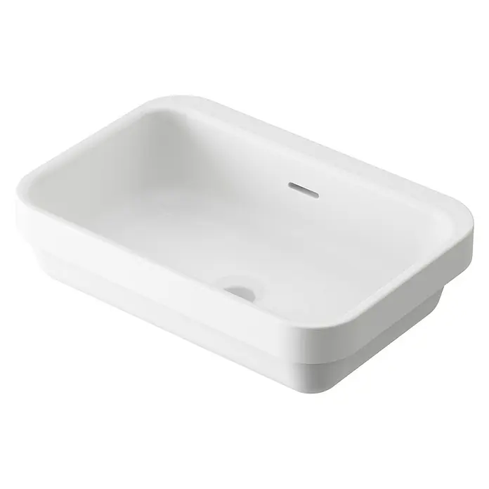 Lavabo Paul - 50 x 34 cm, Con esmalte antibacteriano, Con desbordamiento, Blanco - Primer plano de un lavabo de cerámica blanca con forma rectangular sobre un fondo negro, ideal para el diseño del baño.