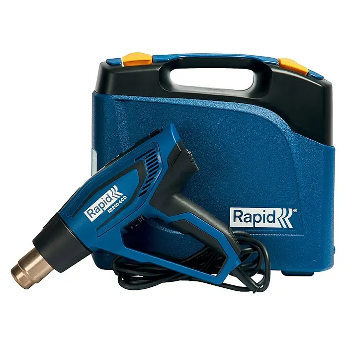Rapid Heißluftgebläse 2200-LCD - 2.200 W, Temperaturbereich: 50 °C - 650 °C - Ein blaues Rapid R2200-LCD Heißluftgebläse mit Aufbewahrungskoffer, ideal für professionelle Anwendungen.