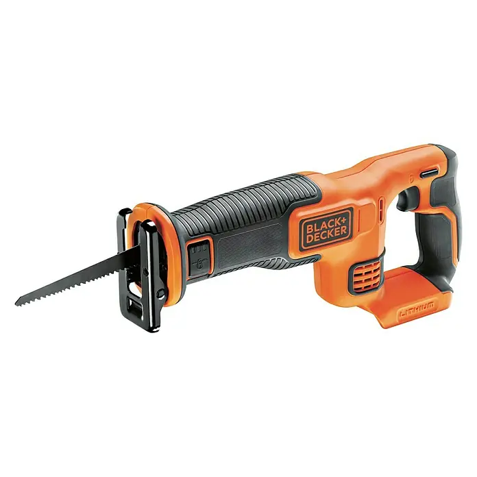 Black+Decker 18V PowerConnect Sierra de sable de batería BDCR18N-XJ - 18 V, Sin batería, 0 /min - 3.000 /min - Una sierra de sable inalámbrica Black+Decker naranja y negra con una hoja de sierra para un corte versátil.