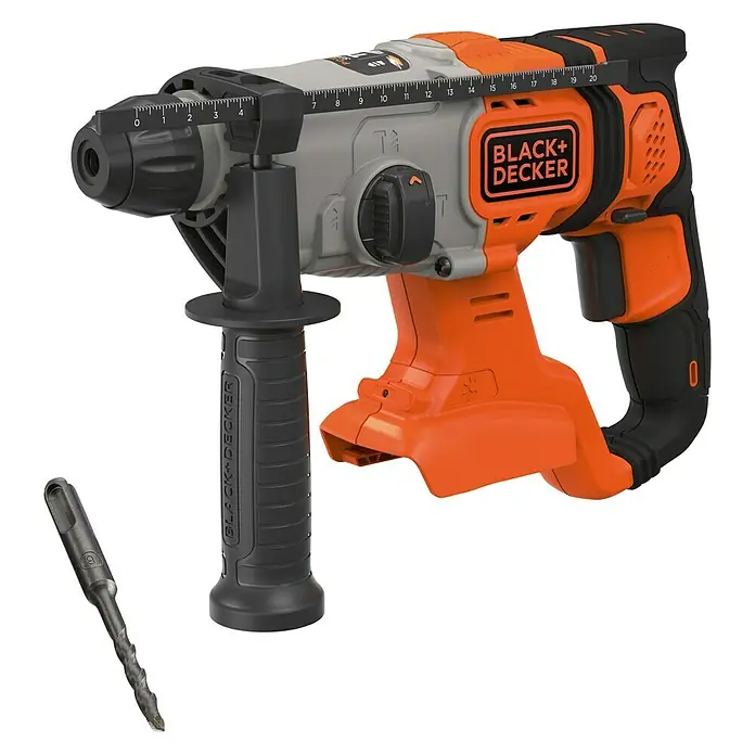 Black+Decker Martillo combinado de batería BCD900B - 18 V, Sin batería, 1,2 J - Imagen de un taladro percutor Black+Decker con broca. La herramienta es naranja y negra con un agarre ergonómico.