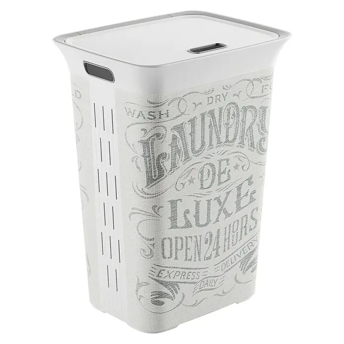 KIS Chic Wäschesammler Laundry Bag - 35 x 44 x 61 cm, Grau - Wäschekorb mit Deckel und Aufdruck "Laundry de Luxe".