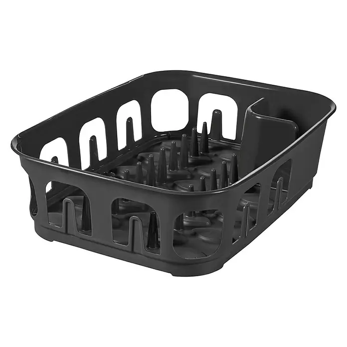 Curver Geschirrkorb Essentials - L x B x H: 29,1 x 39,1 x 10,9 cm, Kunststoff, Anthrazit - Ein schwarzer Abtropfkorb mit Fächern zum Trocknen von Geschirr und Besteck, ideal für die Küchenorganisation.