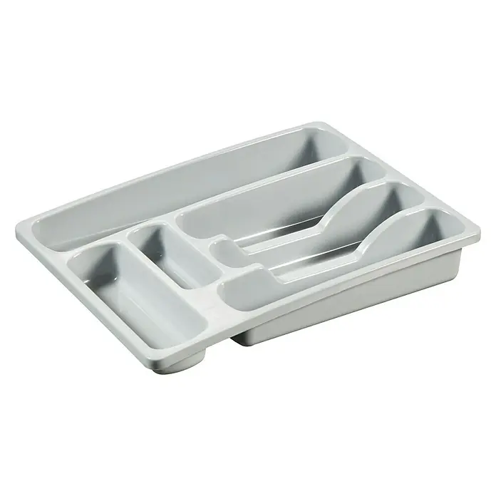 Curver Besteckkasten - L x B x H: 36 x 29 x 6 cm, Kunststoff, Grau, Anzahl Fächer: 6 Stk. - Eine graue, leere Besteckschublade mit mehreren Fächern für die Organisation von Küchenutensilien.