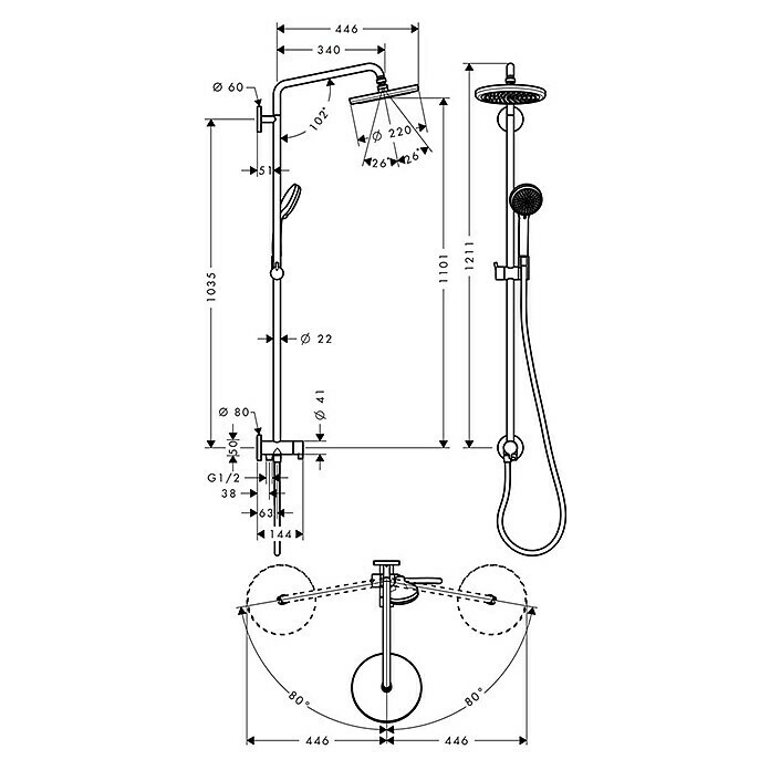 Hansgrohe Duschsystem Croma Showerpipe 220Lochabstand: 103,5 cm, Anzahl Strahlarten: 4 Stk., Chrom Unknown