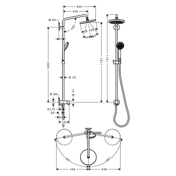 Hansgrohe Duschsystem Croma Showerpipe 220 - Lochabstand: 103,5 cm, Anzahl Strahlarten: 4 Stk., Chrom - Eine technische Zeichnung eines Duschsystems mit Maßen, die die Abmessungen und Details des Produkts veranschaulichen.