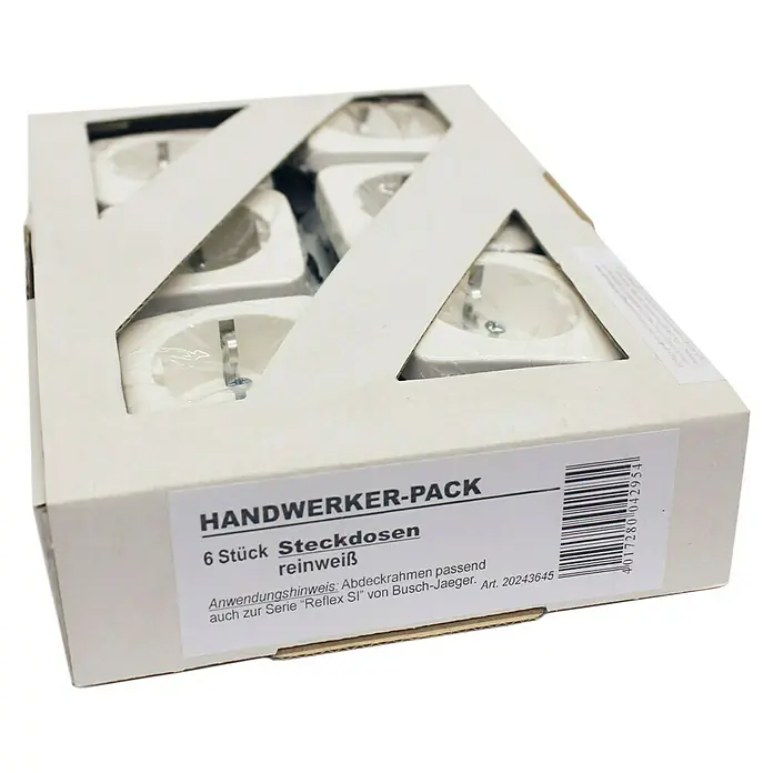 Steckdose Handwerker-Pack K993817 - Reinweiß, Glänzend, Kunststoff, Unterputzmontage - Packung mit sechs weißen Steckdosen für Handwerker, passend zur Serie "Reflex SI" von Busch-Jaeger. Ideal für Neubau und Renovierung.