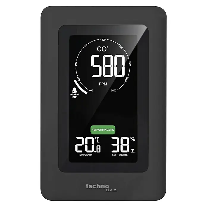 Technoline Luftqualitätsmonitor CO2 WL1030 - Digitales Display, 50 x 94 x 145 mm - Das Technoline CO2-Messgerät zeigt einen CO2-Wert von 580 PPM, eine Temperatur von 20,8°C und eine Luftfeuchtigkeit von 38%.
