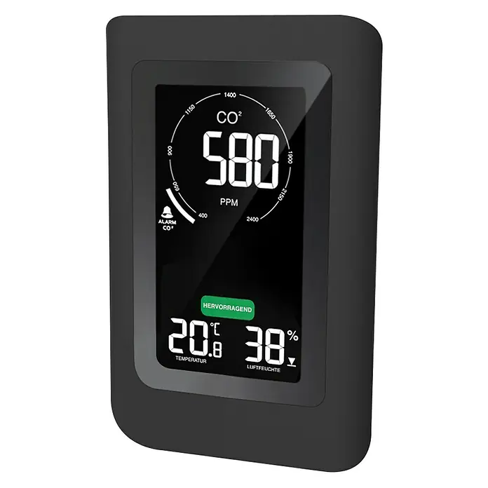 Technoline Luftqualitätsmonitor CO2 WL1030 - Digitales Display, 50 x 94 x 145 mm - Abbildung eines schwarzen CO₂-Messgeräts mit einer Anzeige von 580 ppm, einer Temperatur von 20,8 °C und einer Luftfeuchtigkeit von 38 %.