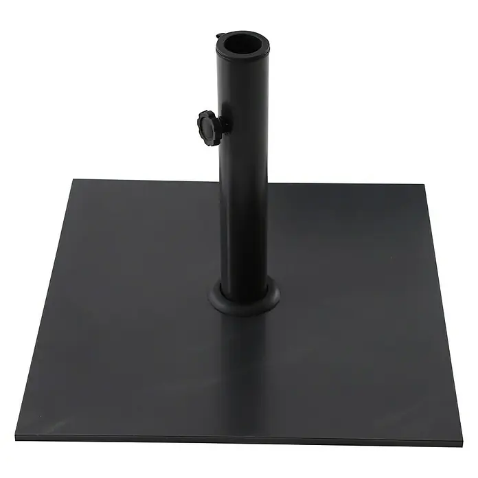 Sunfun SchirmständerGeeignet für: Schirme bis Ø 300 cm - Ein schwarzer, quadratischer Sonnenschirmständer aus Metall mit einer stabilen Basis und einer feststellbaren Stange für den Schirm.