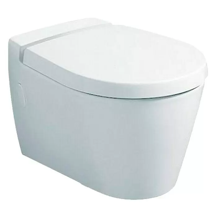Geberit WC-Sitz Visit - Weiß, Mit Absenkautomatik - Weißes wandhängendes WC mit geschlossenem Deckel.