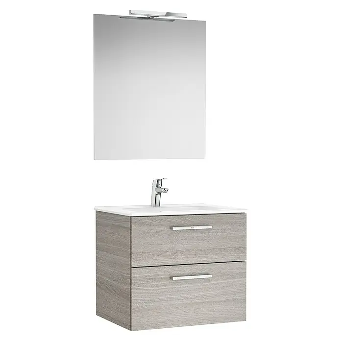 Roca Conjunto de mueble de baño Victoria - Ancho: 60 cm, 2 pzs., Roble - Moderno conjunto de baño con mueble de lavabo de aspecto madera, lavabo blanco y espejo rectangular con iluminación.