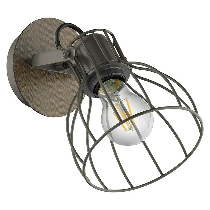 Eglo Deckenstrahler Sambatello - 40 W, Braun, Silber, E27 - Diese Nahaufnahme zeigt eine Industrie-Wandleuchte mit einem Holzboden und einem Lampenkäfig. Das Licht ist warm und einladend.