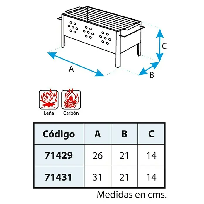 Imex El Zorro Barbacoa de carbón Arkansas - Superficie de la parrilla (An x Pr): 20 x 30 cm, Negro - Ilustración de una barbacoa con medidas de largo (A), fondo (B) y alto (C) en centímetros, junto con una tabla con códigos de producto.