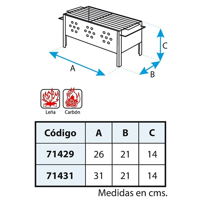 Imex El Zorro Barbacoa de carbón Arkansas - Superficie de la parrilla (An x Pr): 20 x 30 cm, Negro - Ilustración de una barbacoa con medidas de largo (A), fondo (B) y alto (C) en centímetros, junto con una tabla con códigos de producto.
