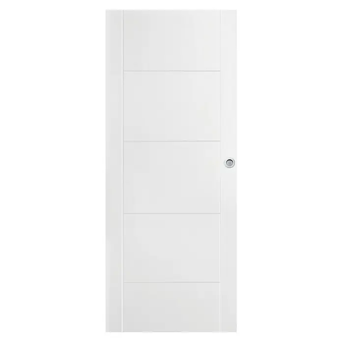 Solid Elements Set para puertas correderas Berlin - 82,5 x 203 cm, Blanco - Una puerta interior moderna y blanca con paneles horizontales y un tirador redondo empotrado. Diseño elegante y minimalista.
