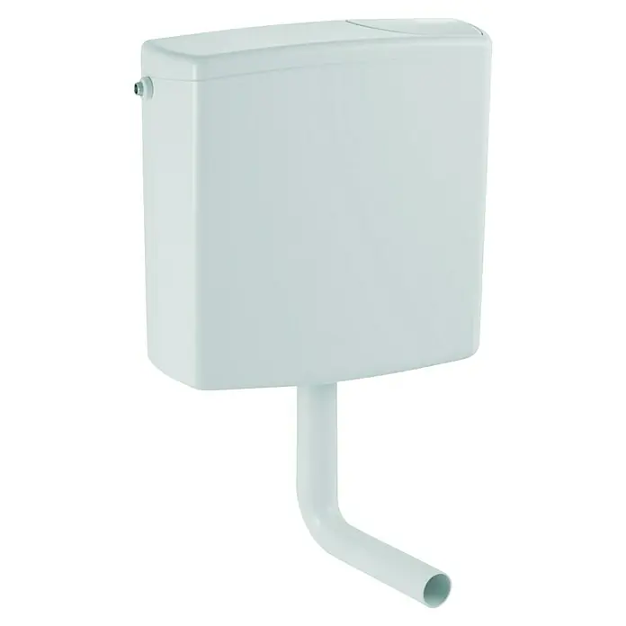 Geberit Spülkasten 140.300.CG.1 - Manhattan, Spülmenge: 6 l - 9 l, 13,8 x 41 x 40,5 cm - Nahaufnahme eines weißen Spülkastens mit dazugehörigem Rohr, der eine moderne Badezimmerarmatur für die Toilettenspülung darstellt.