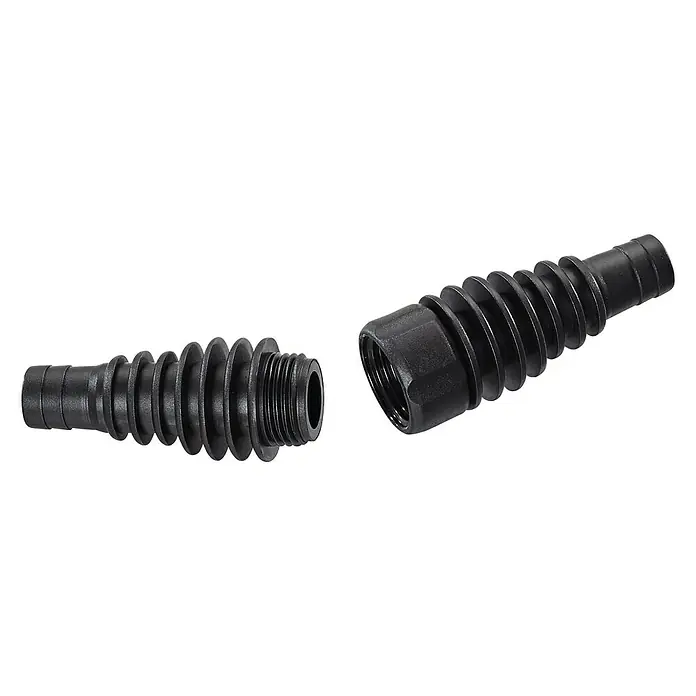 Oase Schlauchverbinder 1/2" - ½″ - Zwei schwarze Kabelverschraubungen aus Kunststoff mit gerippter Oberfläche und Gewinde für die Verbindung.