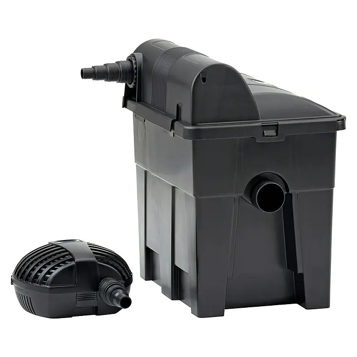 Oase Durchlauffilter BioSmart Set 7000 - 40 W, Teichgröße: 7 m³ - Ein schwarzes Teichfilter-Set, bestehend aus einem Filterkasten und einer Teichpumpe, ideal für sauberes Teichwasser.