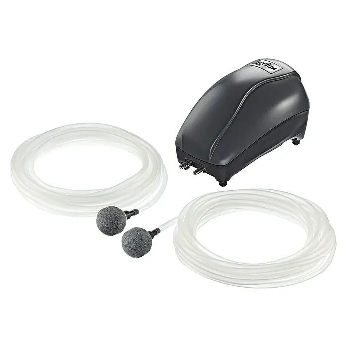 Neptun Classic Teichbelüfter-Set NCTL-O 200 - 4 W, Teichgröße: 3 m³ - Das Bild zeigt eine Teichbelüfterpumpe mit zwei Luftschläuchen und Ausströmersteinen, perfekt für die Sauerstoffversorgung eines Gartenteichs.