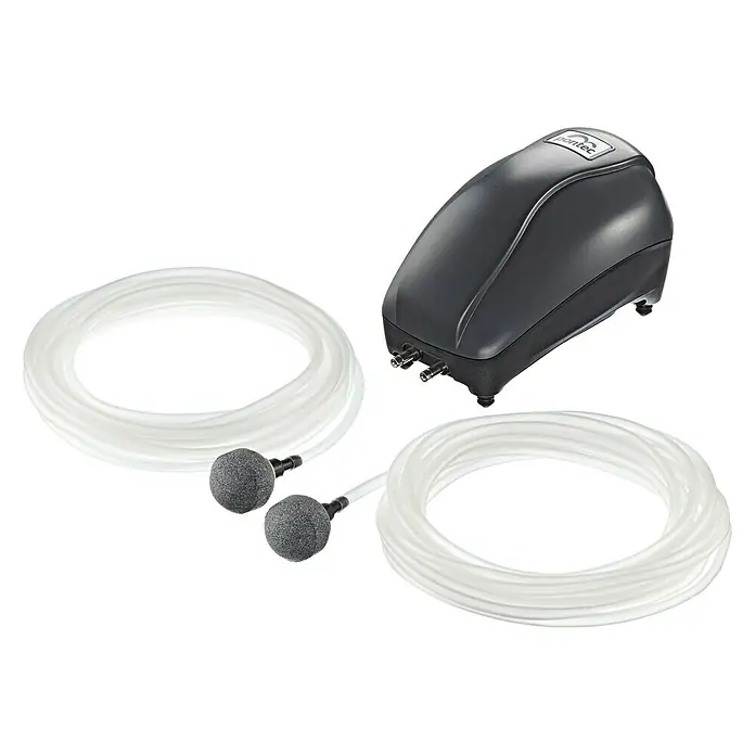 Pontec Teichbelüfter PondoAir 200 - 4 W - Das Bild zeigt eine Pontec Air Kompressor-Set mit Schläuchen und Ausströmern, ideal zur Sauerstoffanreicherung von Gartenteichen.