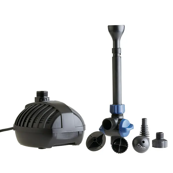 Oase Wasserspielpumpe Aquarius Fountain Set - Fördermenge pro Std.: 1.000 l - Eine Teichpumpe mit Düsenaufsätzen und einem Pumpenkopf für den Gartenteich, um Wasser zu zirkulieren und Fontänen zu erzeugen.