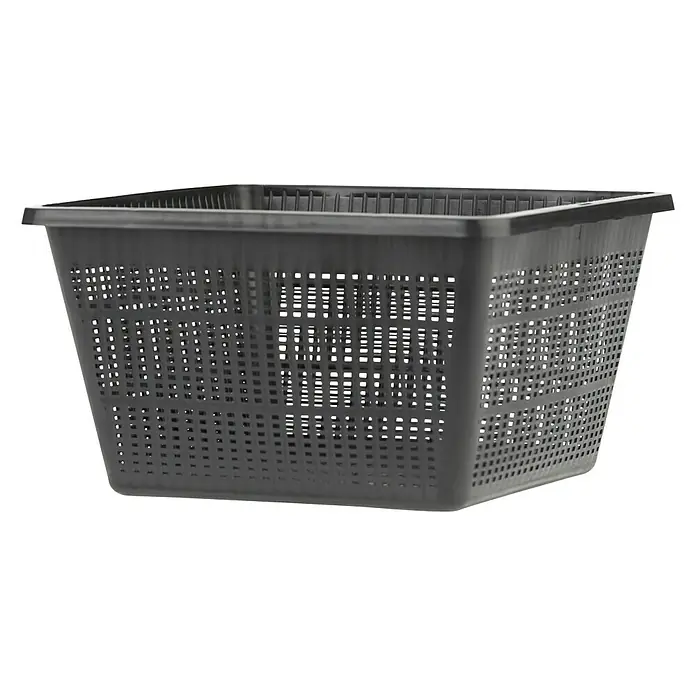 Oase Pflanzkorb - Quadratisch, 23 cm, 7 l - Detaillierte Aufnahme eines durchbrochenen, rechteckigen Kunststoffkorbs in dunkler Farbe, ideal für Lagerung und Organisation.