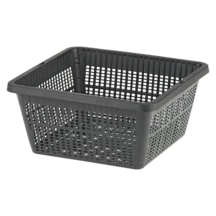 Oase Pflanzkorb - Quadratisch, 19 cm, 3 l - Abgebildete ist ein rechteckiger, perforierter, schwarzer Kunststoffkorb für verschiedene Aufbewahrungszwecke.