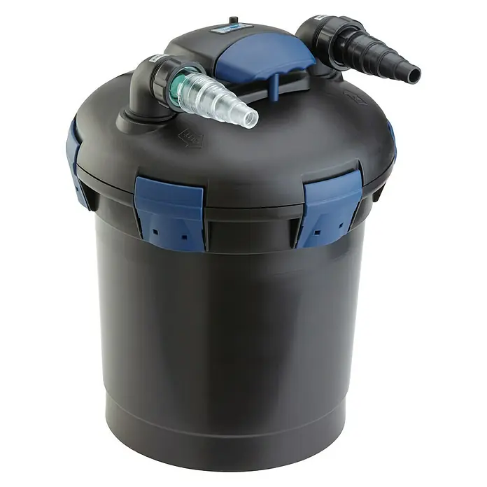 Oase Druckfilter BioPress Set 6000 - 40 W, Teichgröße: 6 m³ - Ein schwarzer Teichfilter mit blauen Akzenten, der für eine saubere und gesunde Teichumgebung sorgt.