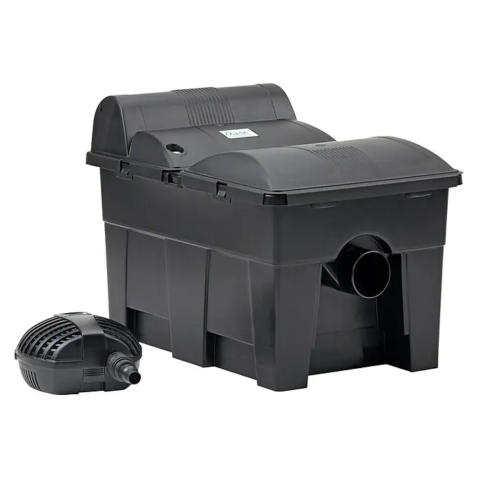 Oase BioSmart Durchlauffilter Set 14000 - 70 W, Teichgröße: 14 m³ - Ein schwarzer Oase Teichfilter mit Pumpe, ideal für die effektive Reinigung und Klärung von Gartenteichen.