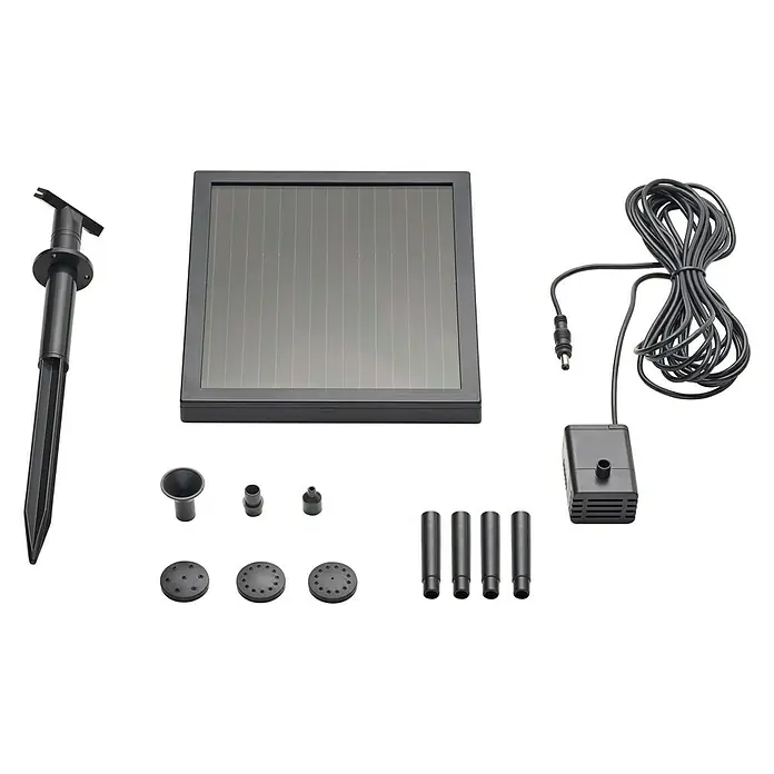 Solar-Wasserspielpumpe Pondo Solar 150 - Fördermenge pro Std.: 150 l - Eine Solarpumpe für Gartenteiche mit verschiedenen Düsenaufsätzen, einer Halterung und einem Solarmodul.