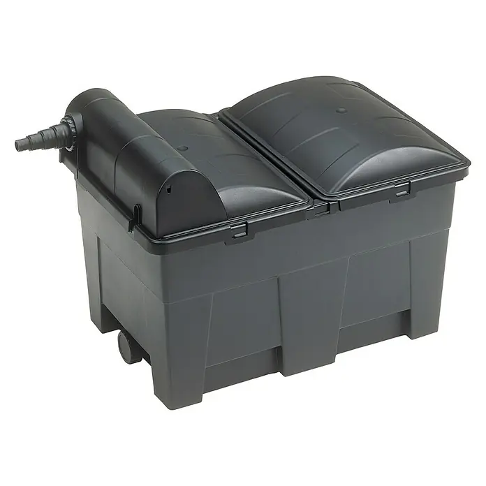 Neptun Premium Durchlauffilter Premium - 70 W, Teichgröße: 15 m³, Leistung UVC-Klärer: 14 W - Graue Teichfilteranlage mit zwei Fächern und schwarzem Deckel für sauberes Teichwasser.