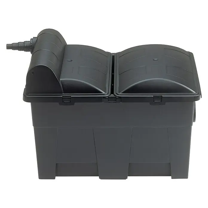 Neptun Premium Durchlauffilter Premium - 70 W, Teichgröße: 15 m³, Leistung UVC-Klärer: 14 W - Schwarzer Teichfilter mit zwei Kammern und einem Deckel, der für eine effektive Wasserreinigung und Filtration in Teichen sorgt.