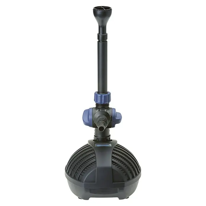 Oase Wasserspielpumpe Aquarius Fountain Set - Fördermenge pro Std.: 1.000 l - Produktansicht einer schwarzen Springbrunnenpumpe mit blauen Details und einem runden, gerillten Sockel.