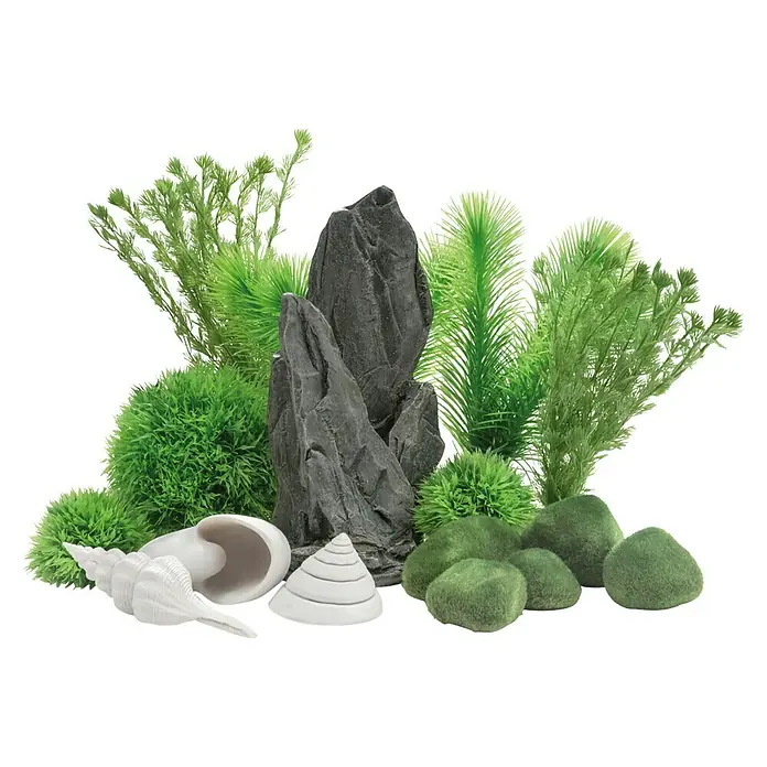 biOrb Deko-Set für Aquarien Stone Garden - 16 -tlg., Grün, Passend für: Aquarien ab 30 l - Aquarium-Dekoration mit Felsen, Pflanzen und Muscheln. Perfekt, um Ihrem Aquarium eine natürliche und stilvolle Note zu verleihen.