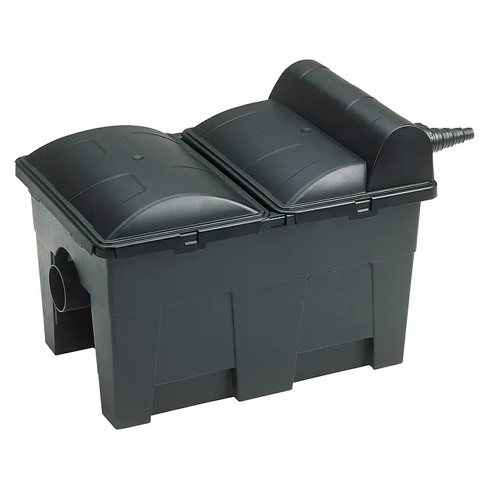 Neptun Premium Durchlauffilter Premium - 70 W, Teichgröße: 15 m³, Leistung UVC-Klärer: 14 W - Ein schwarzer Teichfilter mit zwei Kammern und einem Schlauchanschluss, ideal für die Reinigung von Gartenteichen. Effektive Filterung für klares Wasser.