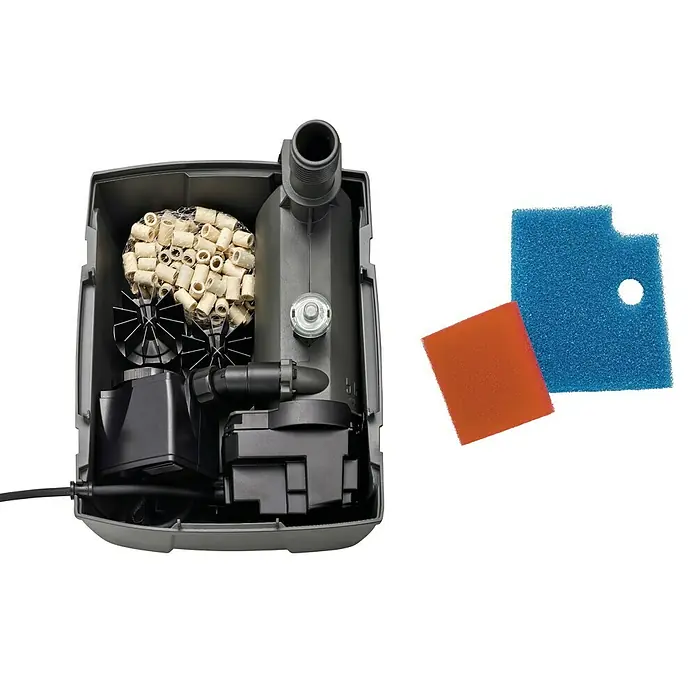 Oase Unterwasserfilter Filtral UVC 3000 - 9 W, Teichgröße: 3 m³ - Das Bild zeigt einen Innenfilter für Aquarien mit verschiedenen Filtermedien und Schwämmen.
