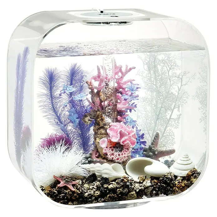 biOrb Deko-Set für Aquarien Pink Ocean - 12 -tlg., Violett/Weiß, Passend für: Aquarien ab 30 l - Nahaufnahme eines Nano-Aquariums mit Korallen, Pflanzen und Muscheln für Fische.