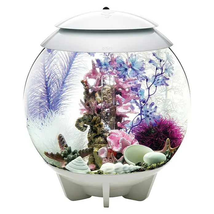 biOrb Deko-Set für Aquarien Pink Ocean - 12 -tlg., Violett/Weiß, Passend für: Aquarien ab 30 l - Nahaufnahme eines runden Aquariums mit weißem Deckel, gefüllt mit dekorativen Korallen und Pflanzen.