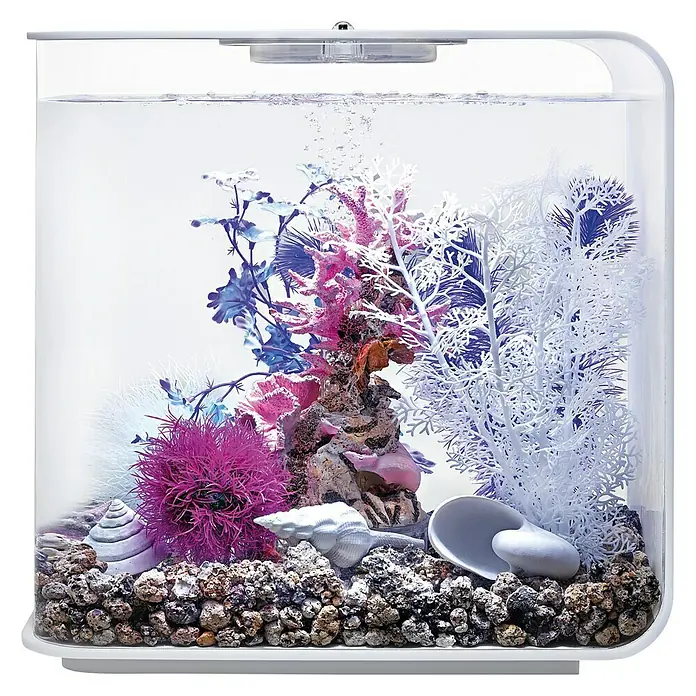 biOrb Deko-Set für Aquarien Pink Ocean - 12 -tlg., Violett/Weiß, Passend für: Aquarien ab 30 l - Ein Aquarium mit bunten Dekorationen und Kies. Das Aquarium ist mit Wasser gefüllt und hat eine Lampe oben.