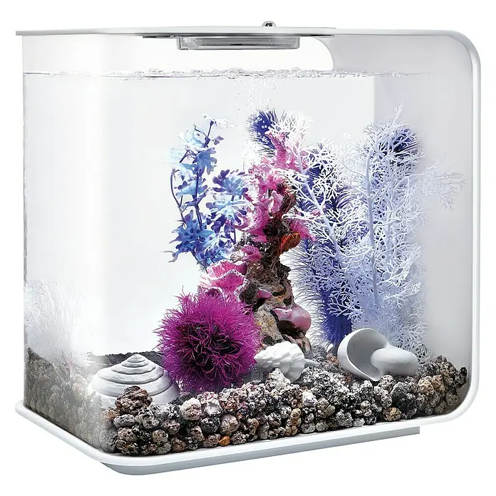 biOrb Deko-Set für Aquarien Pink Ocean - 12 -tlg., Violett/Weiß, Passend für: Aquarien ab 30 l - Nahaufnahme eines weißen Aquariums mit bunten Dekorationen, einschließlich Pflanzen und Steinen, für ein lebendiges Unterwasserambiente.