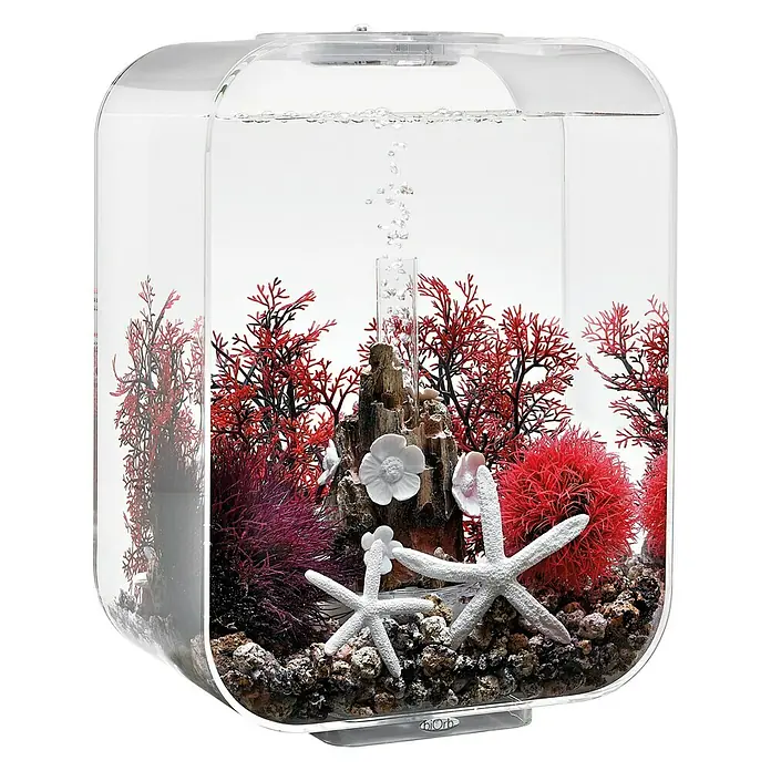 biOrb Deko-Set für Aquarien Red Forest - 8 -tlg., Rot/Weiß, Passend für: Aquarien ab 15 l - Nahaufnahme eines modernen, dekorativen Fischbehälters mit bunten Unterwasserpflanzen und Dekorationen.