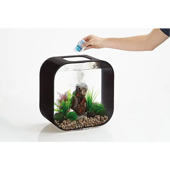 biOrb Aquarien Service-Kit - 10 -tlg., Passend für: biOrb Aquarien - Ein stilvolles Aquarium mit abgerundeten Ecken, das mit Dekorationen und Wasser gefüllt ist, während eine Hand eine Wasseraufbereitungslösung hinzufügt.