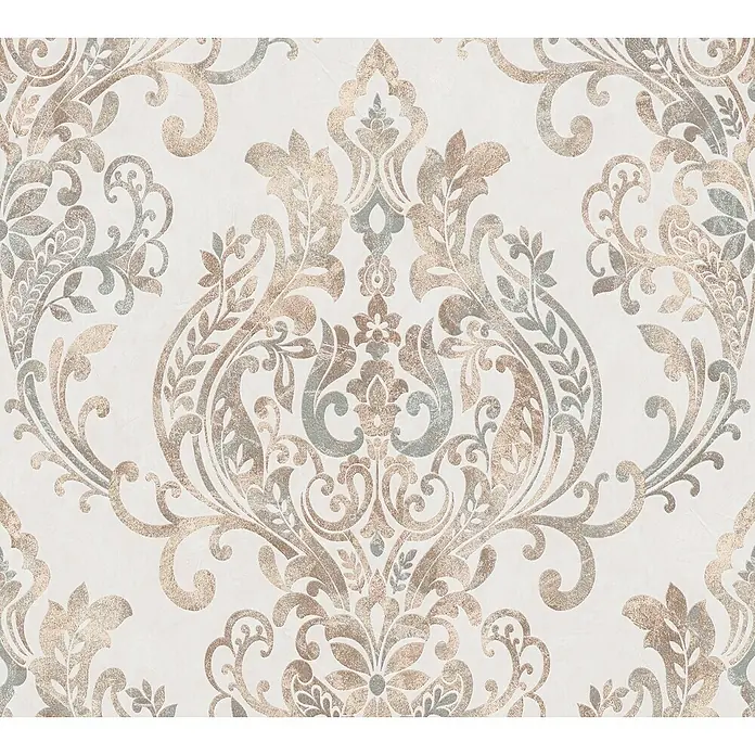 A.S. Création New Life Papel pintado de vellón Damasco Nude - Beige/Gris, Motivo decorativo, 10,05 x 0,53 m - Elegante papel tapiz con un diseño de damasco floral en tonos dorados y plateados. Perfecto para espacios de estar elegantes que buscan un ambiente lujoso.