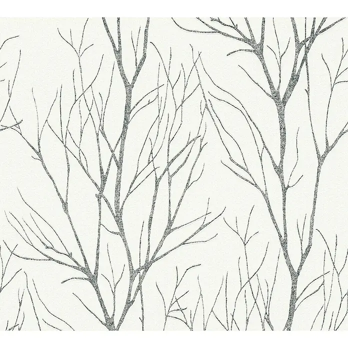 A.S. Création Papel pintado de vellón Ramas Árbol - Blanco/Negro, Gráfico, 10,05 x 0,53 m - Arte mural decorativo con un patrón estilizado de ramas de árbol en gris y blanco, ideal para interiores modernos.