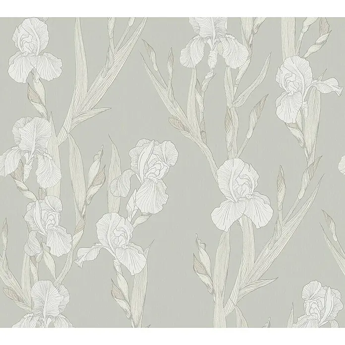 A.S. Création Daniel Hechter 6 Papel pintado de vellón Romantic Flor - Crema, Floral, 10,05 x 0,53 m - Primer plano de un elegante diseño de papel tapiz con delicadas flores de iris blancas y hojas elegantes sobre un fondo gris claro.