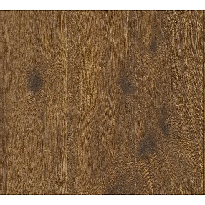 A.S. Création Elements Vliestapete Wood - Braun, Holzoptik, 10,05 x 0,53 m - Detailaufnahme eines stilvollen Laminatbodens in warmen Brauntönen mit markanter Holzmaserung und Astlöchern.