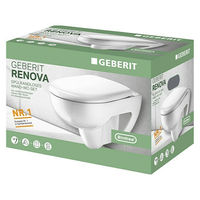 Geberit Renova Nr. 1 Wand-WC-SetSpülrandlos, Mit antibakterieller Glasur, Spülform: Tief, WC Abgang: Waagerecht, Mit WC-Sitz Diagonal View