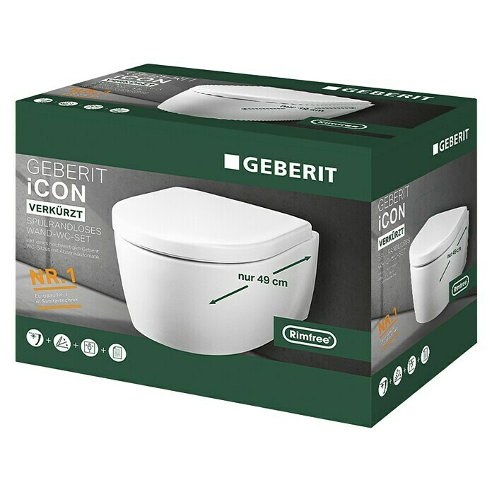 Geberit iCon Wand-WC-Set XSSpülrandlos, Ohne Spezialglasur, Spülform: Tief, WC Abgang: Waagerecht, Weiß Diagonal View